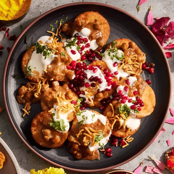 A black plate of Indian chaat, topped with yogurt, pomegranate seeds, and crispy noodles.