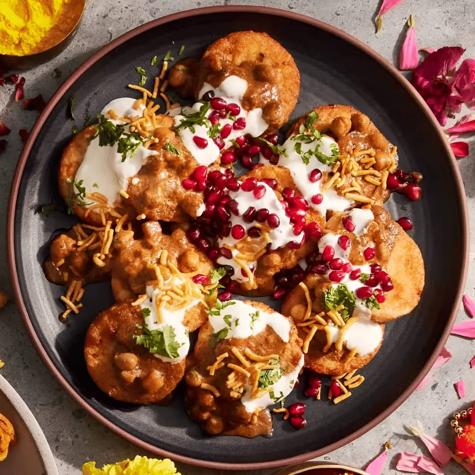A black plate of Indian chaat, topped with yogurt, pomegranate seeds, and crispy noodles.