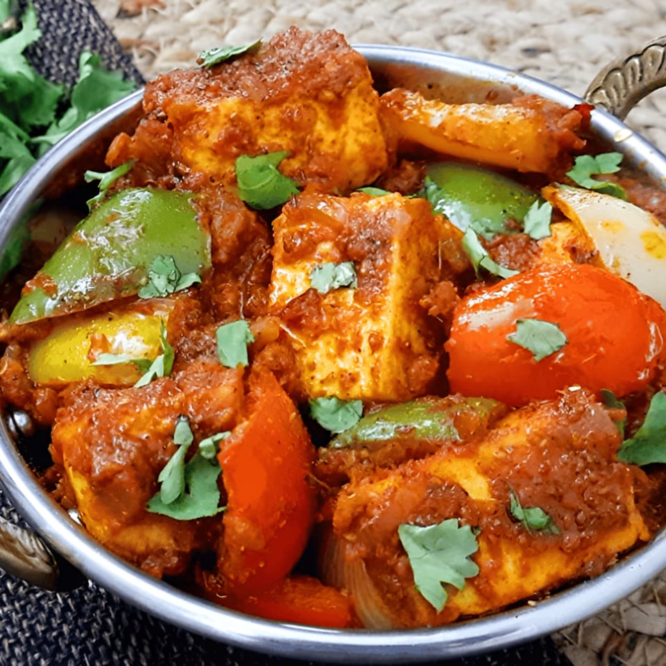 Virasat Indian Cuisine's Kadai Paneer, a vibrant dish with paneer, bell peppers, and onions in a rich sauce.