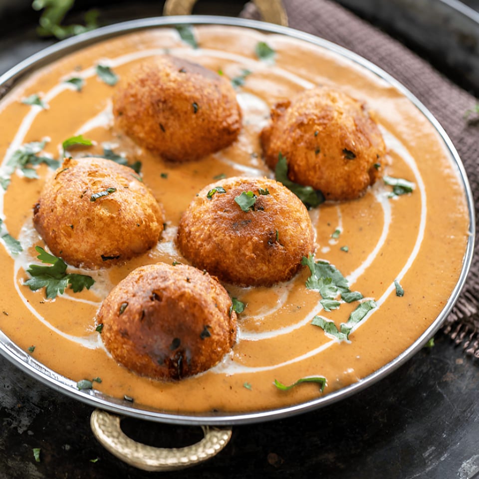 Five golden-brown Indian kofta balls in a creamy orange sauce, garnished with fresh cilantro and cream swirls.